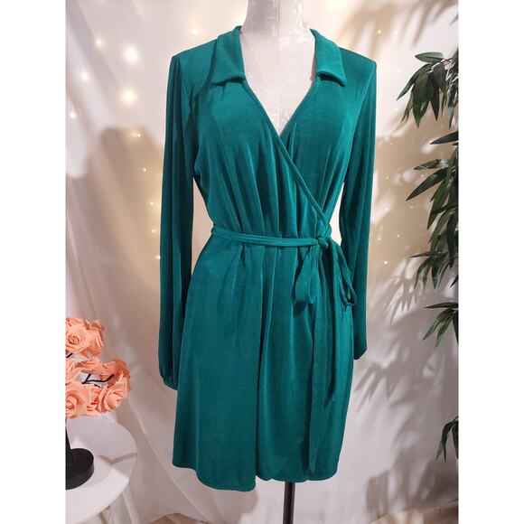 Wild Fable Womens Slinky Stretch Knit Long Sleeve Tie Wrap Dress Size L Green - Picture 1 of 9